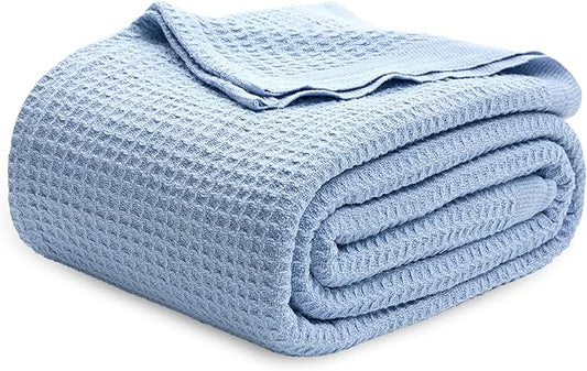 Bedsure Gentlesoft 100% Cotton Blanket King Size for Bed - Breathable and Soft, Thick Cozy Waffle Weave Christmas Blanket Gift for Women, Sky Blue, 104x90 inches