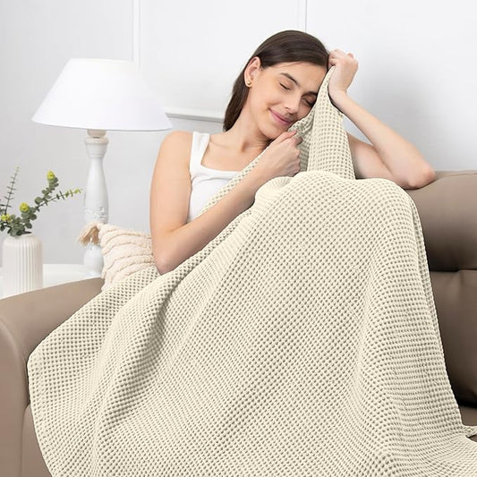 100% Cotton Waffle Blankets for Bed - Throw (50" x 60") Lightweight, Breathable and Soft, Waffle Weave Blanket for All-Season - Summer, Spring, Winter (Beige)