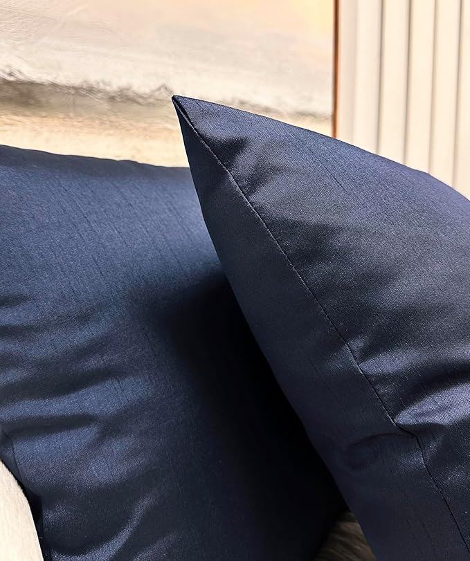 Aiking Home Collection 26x26 Inches Faux Silk Square European Shams, Zipper Closure, Navy (Set of 2)