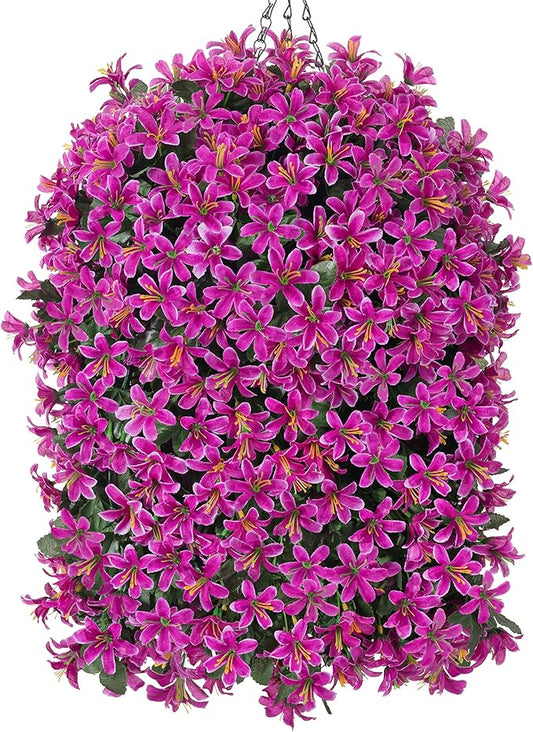 Artificial Flowers Plants for Outdoor with Basket, 4PCS Silk Hanging Faux Flowers Long Trailing Vines for Outside Home Porch Patio Decoration, Fuchsia