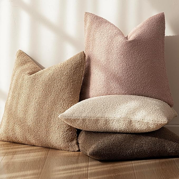 Foindtower Decorative Textured Boucle Throw Pillow Covers Accent Solid Pillow Cases Neutral Soft Cozy Couch Cushion Case for Chair Sofa Bedroom Living Room Home Decor 24x24 Inch,1PC,Light Pink