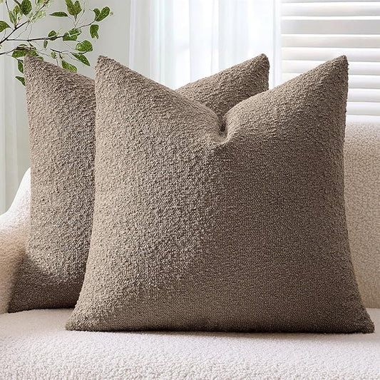 ANRODUO Pack of 2 Textured Boucle Throw Pillow Covers Soft Brown Decorative Accent Solid Pillow Cases Cozy Modern Couch Cushion Case for Chair Sofa Bedroom Living Room Home Decor, 18 x 18 Inch