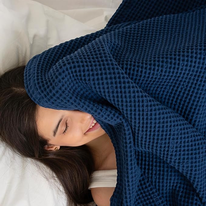 100% Cotton Waffle Blankets for Bed - Throw (50" x 60") Lightweight, Breathable and Soft, Waffle Weave Blanket for All-Season - Summer, Spring, Winter (Blue)