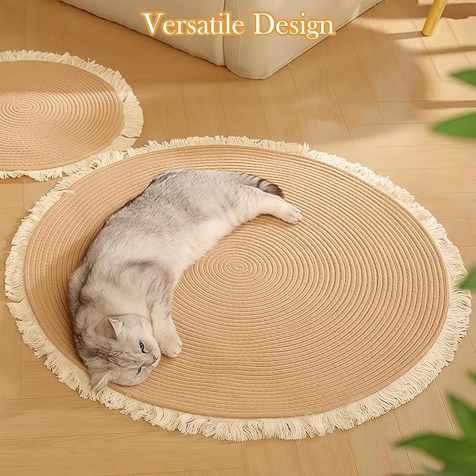 Cotton Rope Area Rug for Cats, Cat Scratching Rug, Washable Round Vintage Reversible Woven Tassel Rug, Soft and Stylish Home Accent, Easy Clean, Multiple Sizes (Off-White, 24" (60cm))
