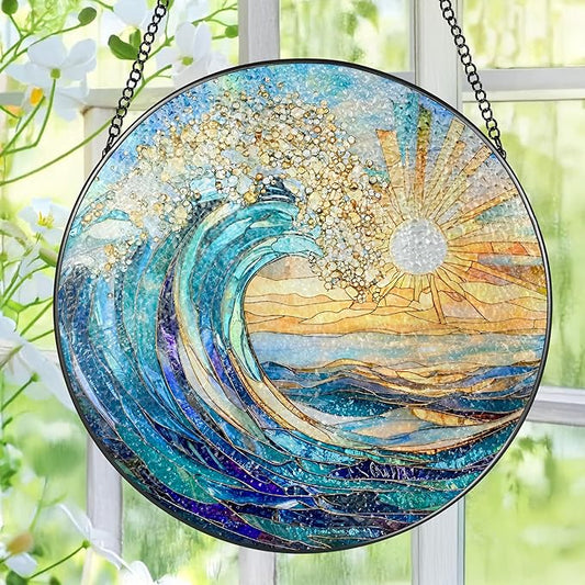 Sea Wave Stained Glass Suncatcher, 8 Inch Ocean Suncatchers for Window Hanging, Beach Lover Gifts, Beach Decor, Coastal Suncatcher, Gifts for Friends, Couples, Family, Colleagues
