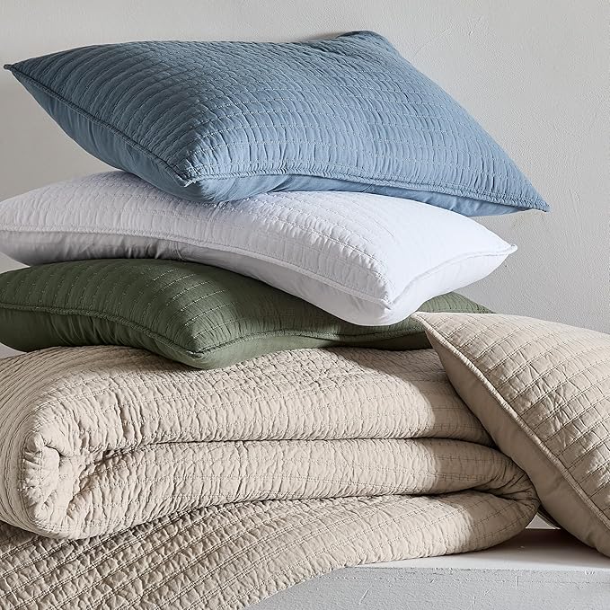 WDCOZY 100% Cotton Twin Size Quilt Set - Beige Neutral Striped Pick Stitch Soft Lightweight Bedspread, Textured Like Linen, Farmhouse Country Rustic Coverlet, Shabby Chic Gauze Bedding, 2 Pieces