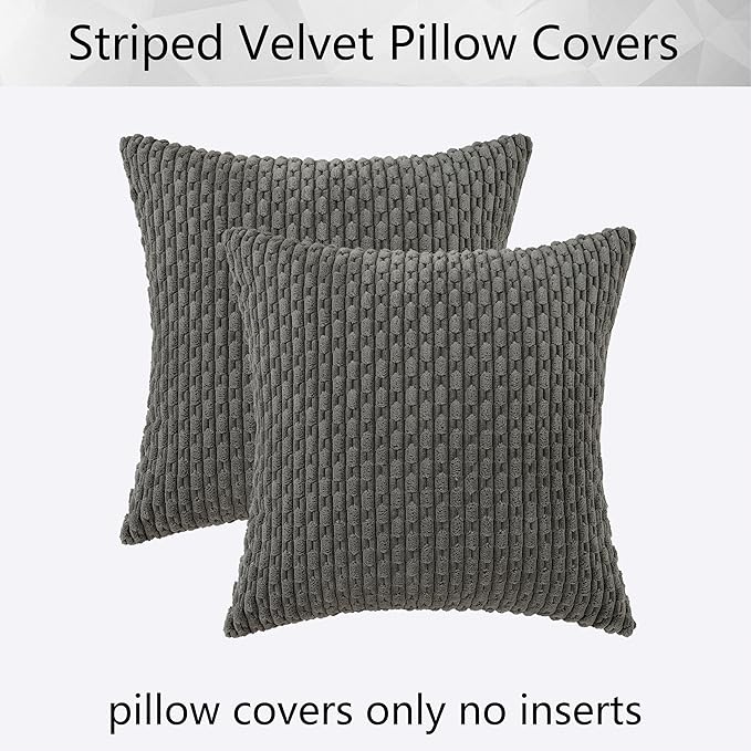 Kevin Textile Throw Pillow Cover Striped Pattern Decorative Soft Corduroy Cushion Covers Stripes for Living Room Set of 2 18x18 Inch Dark Grey