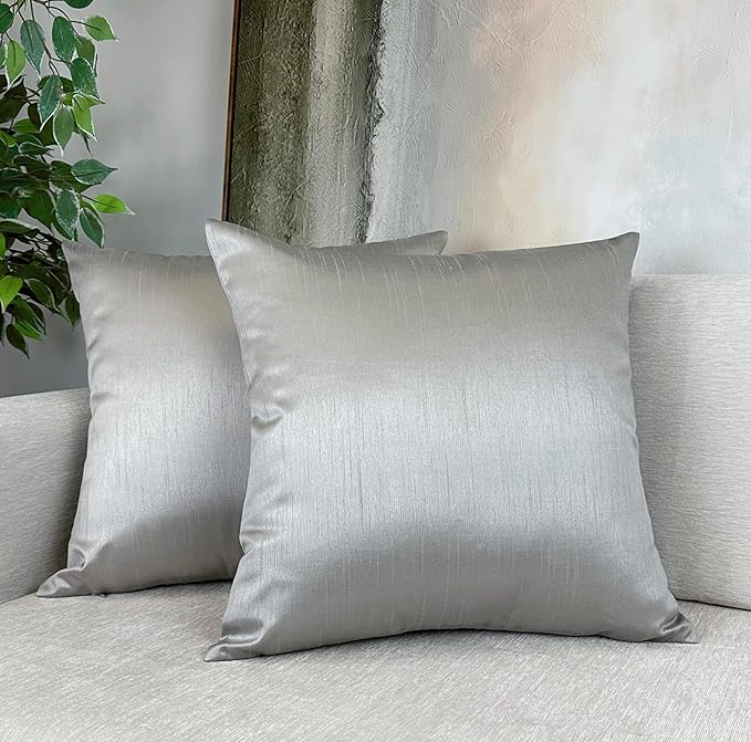 Aiking Home Collection 18x18 Inches Faux Silk Square Throw Pillow Cover, Zipper Closure, Silver (Set of 2)