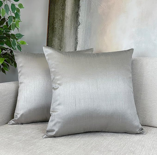 Aiking Home Collection 18x18 Inches Faux Silk Square Throw Pillow Cover, Zipper Closure, Silver (Set of 2)