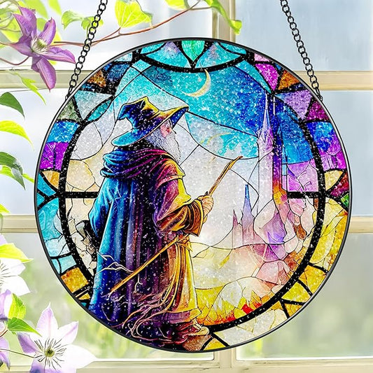 Stained Glass Window Hanging, LAOWEIKI 8'' Witch Suncatcher, Stained Glass Ornament, Suncatchers for Windows Hanging, Window Decor, Outdoor or Indoor, Gifts for Friends