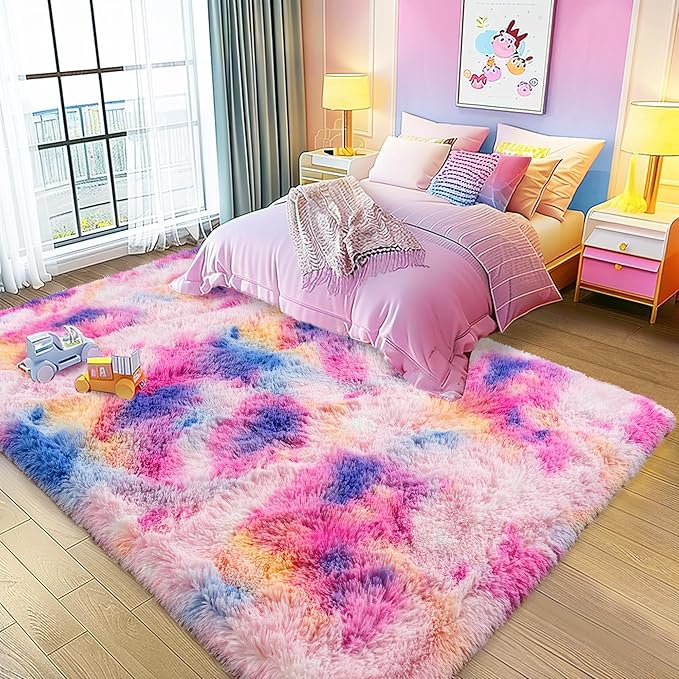 Large 9x12 Area Rugs for Living Room, Ultra Soft Shag Living Room Rug Thick Fluffy Rug for Bedroom, Plush Fuzzy Carpet for Girls Boys Kids Room Non Slip Dorm Rugs for Home Decor Aesthetic Dark Rainbow