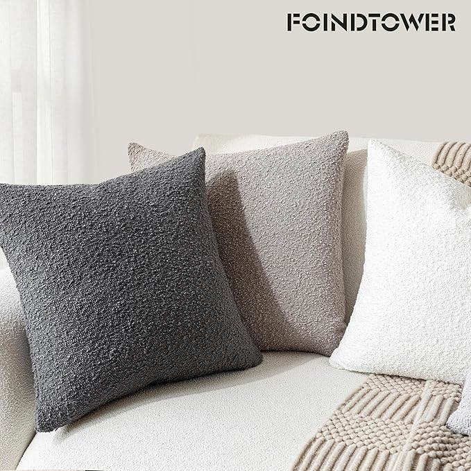Foindtower Decorative Textured Boucle Throw Pillow Covers Accent Solid Pillow Cases Neutral Soft Cozy Couch Cushion Case for Chair Sofa Bedroom Living Room Home Decor 16x16 Inch,1PC,Neutral Grey