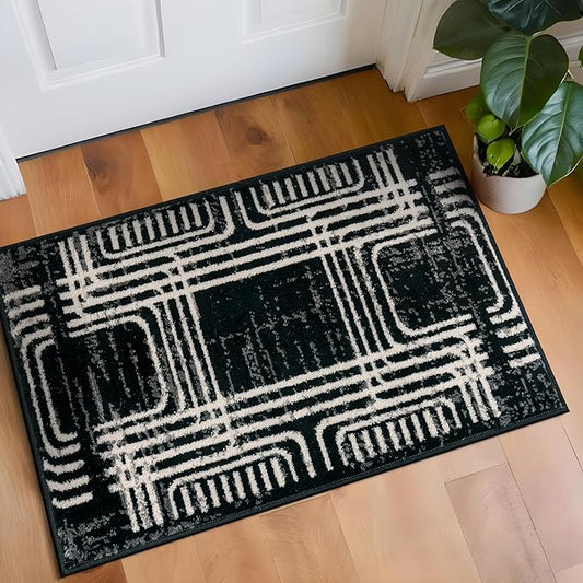 Rugshop Black and White Geometric Area Rug – Abstract Curved Line and Square Pattern Carpet for Living Room, Bedroom, or Office – Contemporary Soft Floor Décor 2' x 3' Black
