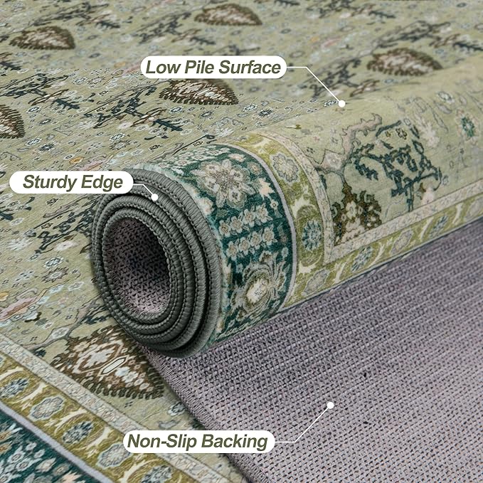 Tangsoo 2x6 Washable Runner Rug for Hallways, Non Slip Vintage Boho Green Floral Rug for Entryway Kitchen Laundry, Non Slip Soft Low Pile Indoor Rug for Bedroom Bathroom Beside