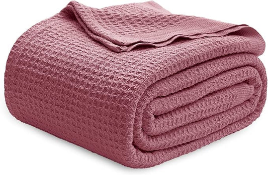 Bedsure Gentlesoft 100% Cotton Blanket Queen Size for Bed - Breathable and Soft, Thick Cozy Waffle Weave Christmas Blanket Gift for Women, Dusty Rose, 90x90 Inches