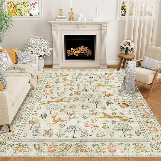 DUKINO 9x12 Rug, Washable Animal Living Room Rug with Non Slip Vintage Design, Soft Low Pile Large Carpet for Bedroom, Nursery, Dining Room, Farmhouse, Playroom, White