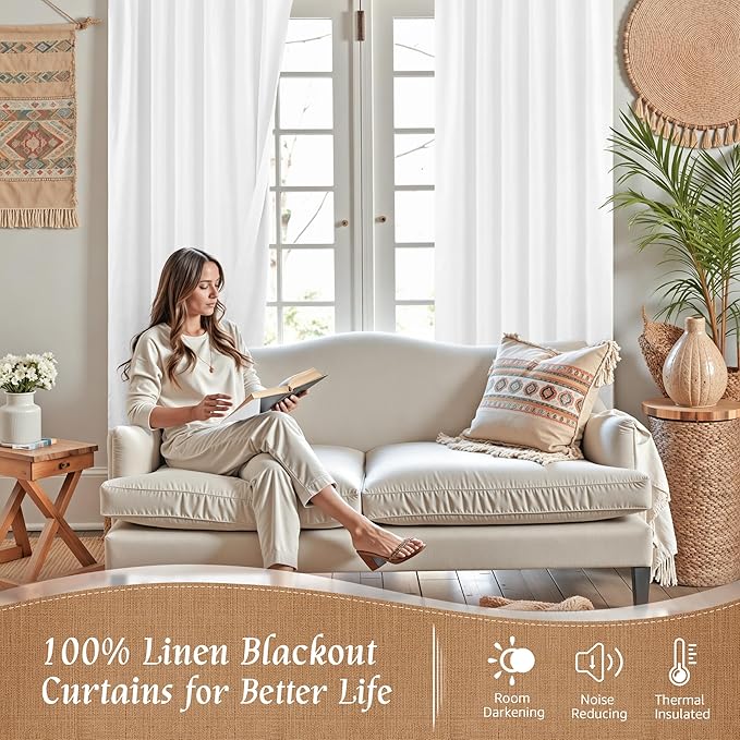 LAMIT White 100% Blackout Linen Curtains, 72 Inches Linen Textured Living Room Farmhouse Curtains Full Room Darkening Back Tab and Rod Pocket Burlap Panels with White Liner, 2 Panels, 52 x 72 Inch