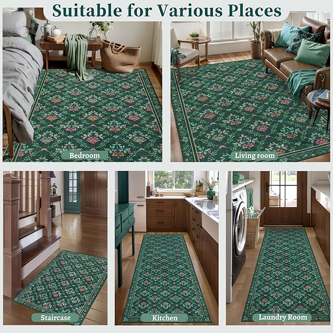 Tangsoo 5x7 Washable Area Rug, Non Slip Green Floral Indoor Rug, Soft Low Pile Floor Carpet for Living Room, Bedroom, Dining Room, Pet & Child Friendly Room Decor, Easy to Clean