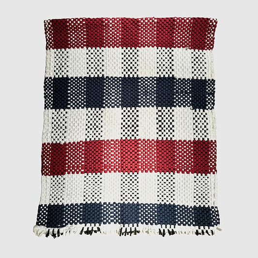 Handmade Mexican Chindi Rug-Colorful Washable Boho Rag Rug 5x2 ft Woven Runner for Kitchen, Bedroom, or Bath, Hippie Area Mat with Tassels, Mexican Style Floor Carpet-Rustic (Stripes Red and Blue)
