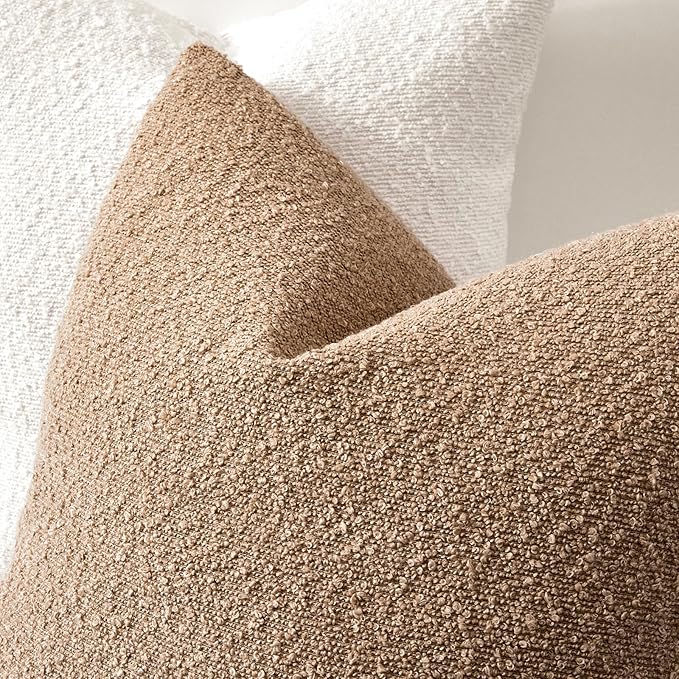 Boucle Decorative Throw Pillow Covers for Couch Set of 2, 22x22 inches, Camel