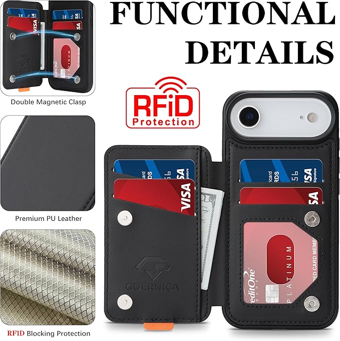 GUERNICA for iPhone 17 Air (6.7") Case Wallet with Card Holder, RFID Blocking Leather Protection, Shockproof Women Men Phone Case for iPhone Air, Black