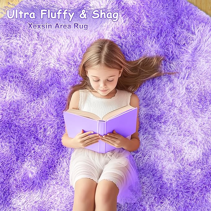 Round Fluffy Rugs 4Ft for Girls Bedroom, Tie-Dyed Purple Shag Circle Kids Rug Non-Slip for Bedside Dorm Nursery Playroom, Soft Cute Area Rugs for Living Room Decor