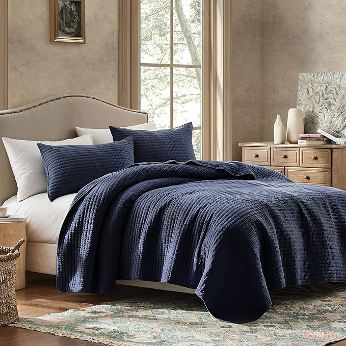 WDCOZY 100% Cotton Queen Size Quilt Set - Navy Blue Striped Pick Stitch Soft Lightweight Bedspread, Textured Like Linen, Farmhouse Country Rustic Coverlet, Shabby Chic Gauze Bedding, 3 Pieces
