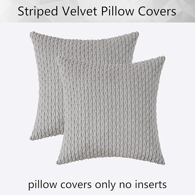 Kevin Textile Set of 2 Super Soft Striped Corduroy Velvet Decorative Euro Throw Pillow Sham Cushion Cover for Bed 20x20 Inch(50cm) Light Grey