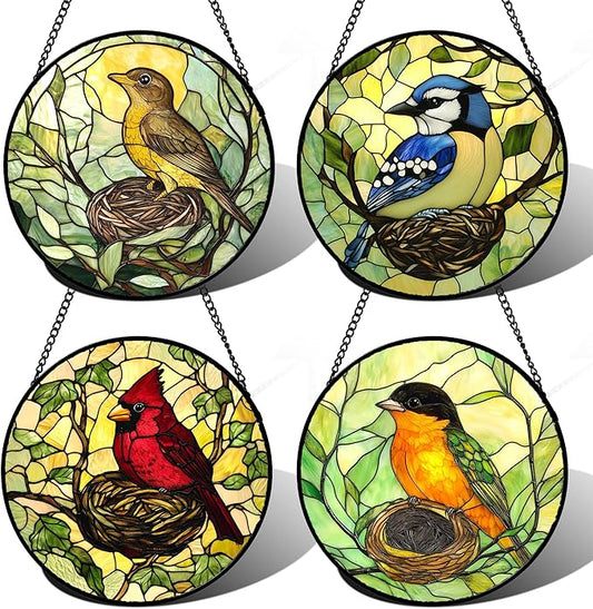 DASTOLL Stained Glass Window Hanging 4 Pcs Set Bird Theme On Branch 7.8" - Cardinal Suncatcher Door Garden Sun Catcher Decor Birthday Christmas for Mom Woman Nana Men