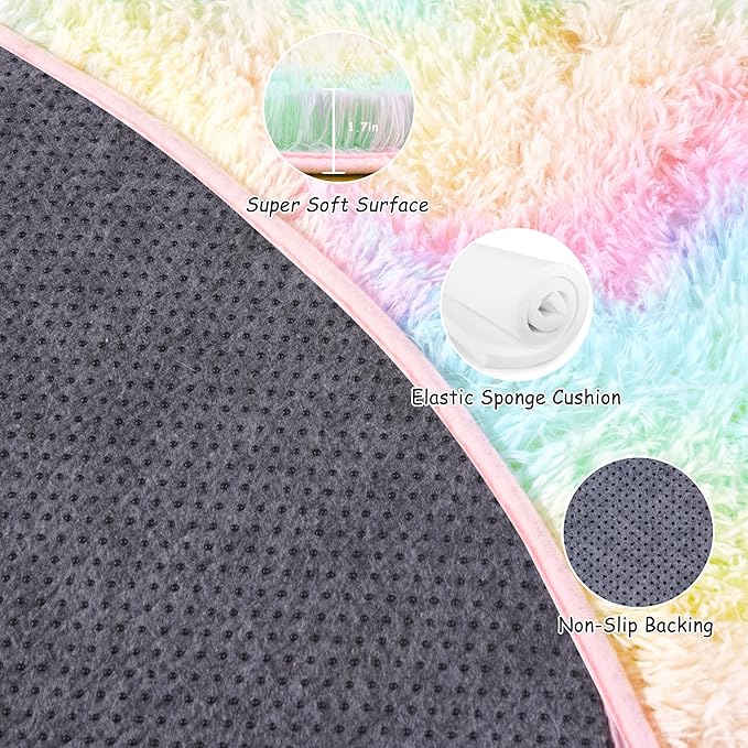Round Fluffy Rugs 8Ft for Girls Bedroom, Rainbow Shag Circle Kids Rug Non-Slip for Bedside Dorm Nursery Playroom, Soft Cute Area Rugs for Living Room Decor