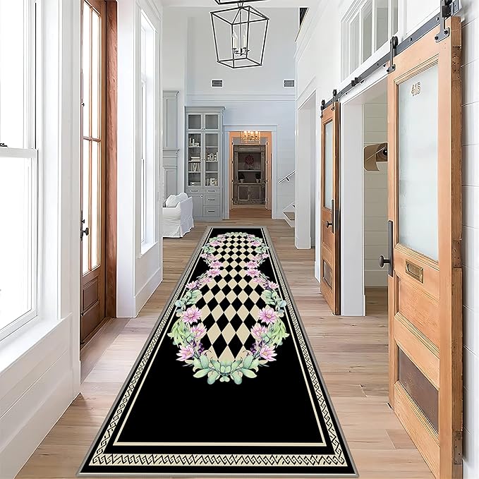 Vintage Farmhouse Checkered Hallway Carpet, 2x7ft, Elegant Floral Flower Checkerboard Indoor Throw Rugs, Absorbent Washable Foldable No Crease High Traffic Mat for Laundryroom Floor