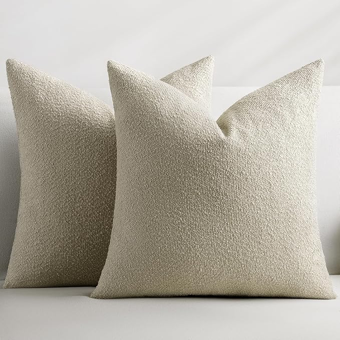 Throw Pillow Covers 22 x 22 Inch Set of 2, Beige Decorative Accent Solid Boucle Textured Pillow Cover, Cozy Neutral Cushion Pillow Cases for Living Room, Sofa, Chair, Bedroom, Home Decor