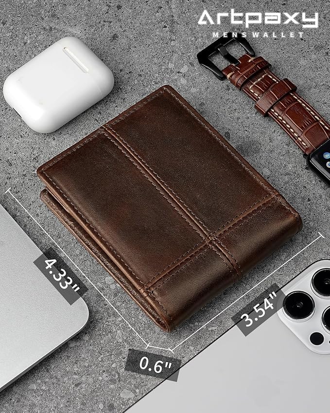 Artpaxy Mens Wallet Bifold Genuine Leather RFID Blocking Wallet for Men with 2 ID Windows 12 Card Holders 2 cash pockets 1 Gift Box