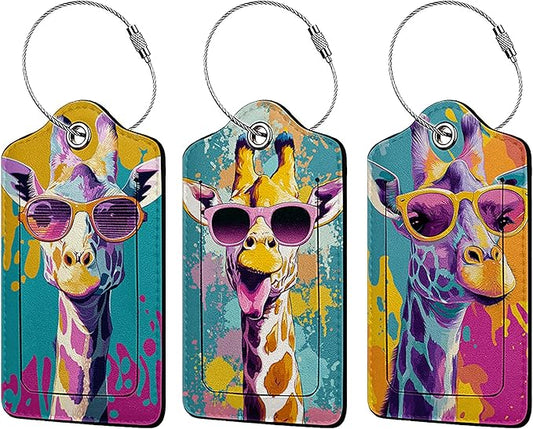 Funny Giraffe 3 Pack Luggage Tags, PU Leather Luggage Tags for Suitcase,Name ID Labels with Privacy Cover Suitcases and Metal Loop for Travel Bag Suitcase