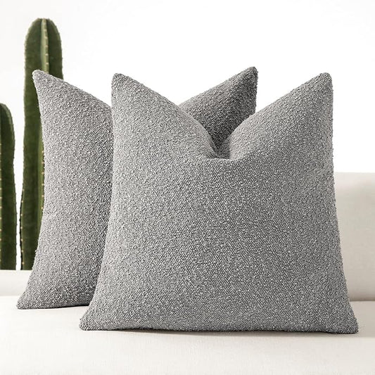 Boucle Decorative Throw Pillow Covers for Couch Set of 2, 18x18 inches, Light Grey