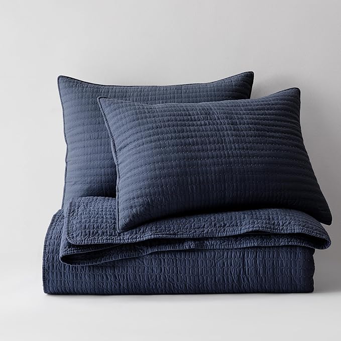 WDCOZY 100% Cotton Queen Size Quilt Set - Navy Blue Striped Pick Stitch Soft Lightweight Bedspread, Textured Like Linen, Farmhouse Country Rustic Coverlet, Shabby Chic Gauze Bedding, 3 Pieces