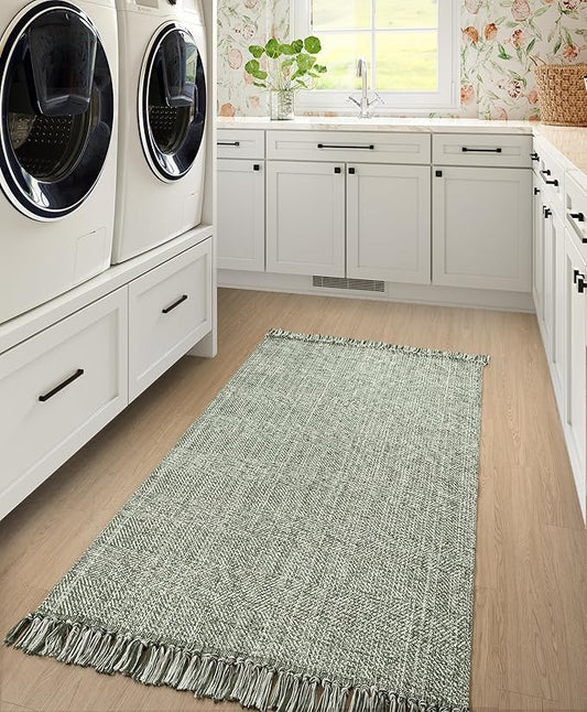 Collive Washable Area Rug 3' x 5', Modern Woven Kitchen Rugs, Olive Green/Cream Braided Cotton Rug Indoor Door Mat Throw Carpet for Entryway Living Room Nursery Mudroom Laundry Room