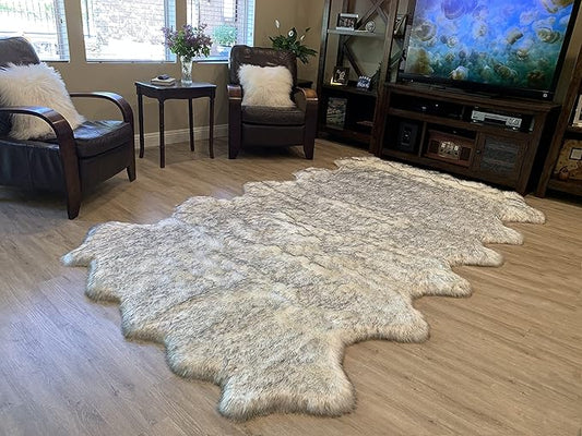 LAMBZY Faux Sheepskin Super Soft Hypoallergenic Silky Shag Rug for Living Room, Kids Room, Sofa (Duo Decto 12 Pelts 6'x12', White/Black Tips)