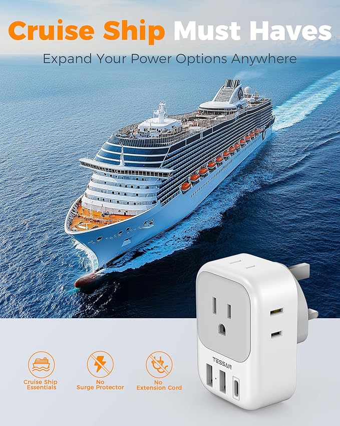 US to UK Plug Adapter, TESSAN Type G Travel Converter with 3 USB Charger(1 USB C Port), 4 Outlets Power Adaptor for USA to Qatar Ireland Hong Kong England Scotland Kenya Dubai London British
