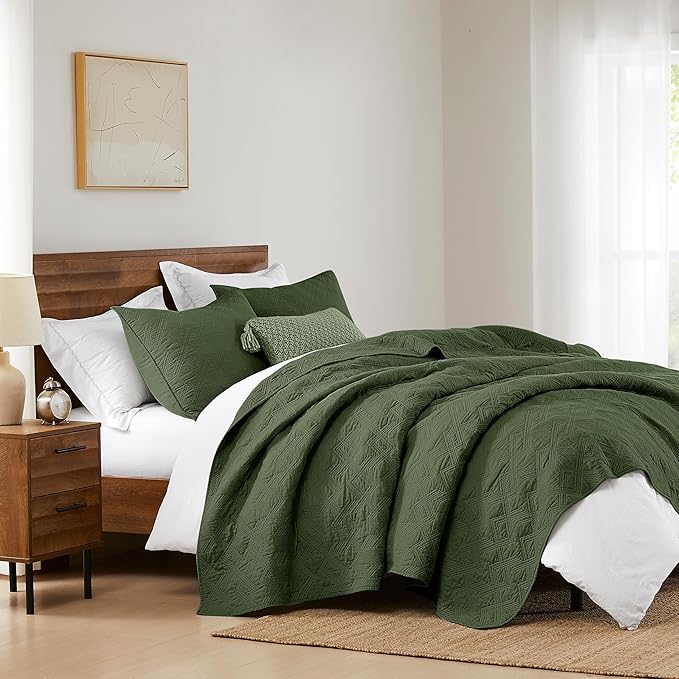 WDCOZY 100% Cotton Oversized King Quilt Set - Olive Green California Cal King Size Soft Lightweight Modern Bedspread, Farmhouse Country Rustic Coverlet, Textured Like Linen, Shabby Chic Bedding