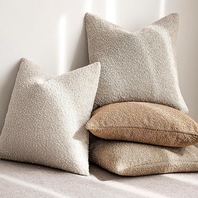 Foindtower Textured Boucle Throw Pillow Covers Accent Solid Pillow Cases Cozy Soft Decorative Couch Cushion Case for Chair Sofa Bedroom Living Room Home Decor, 18 x 18 Inch,Light Beige