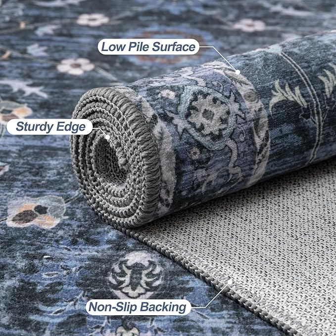 Tangsoo Washable Area Rugs 3x5 Non Slip, Boho Distressed Vintage Blue Floral Throw Rug for Bedroom Entryway, Soft Low Pile Floor Carpet Indoor Mat for Entrance Bedside Kitchen Nursery Office Farmhouse