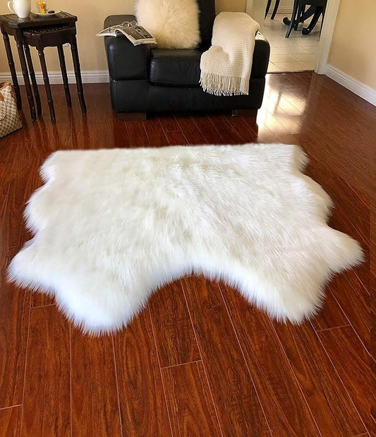 Free Shape Luxury Soft Fluffy Shag Area Rug Double Side by Side 3'x4', 90x120cm - Vegan Fur Ultra Soft Indoor Carpet Nursery Rugs for Bedroom Home Decor, White