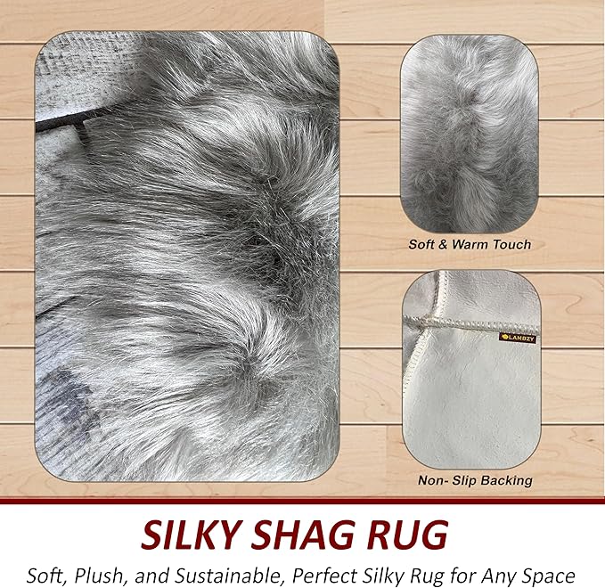 LAMBZY Faux Sheepskin Super Soft Hypoallergenic Silky Shag Rug for Living Room, Kids Room, Sofa (Quarto 4 Pelts Side by Side 3'x8', Grey)