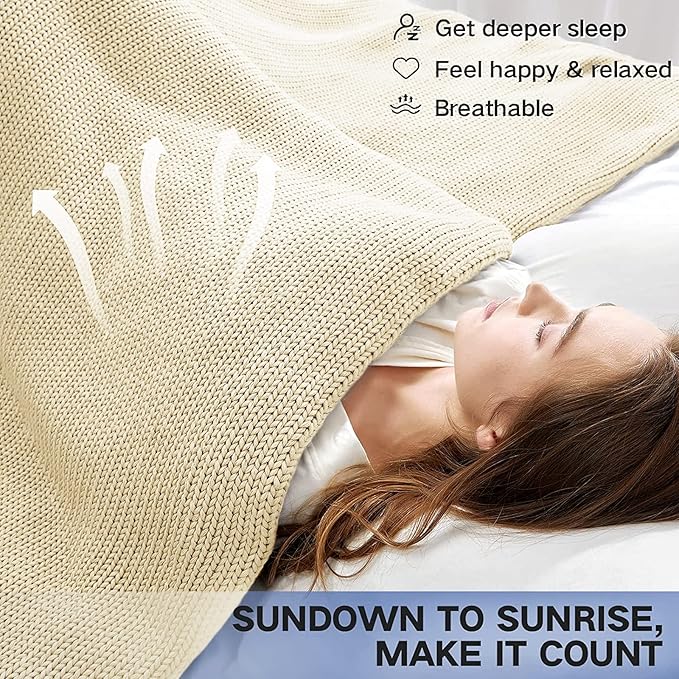 Guohaoi Knitted Weighted Blanket for Adults (Cream 50"x75" 12lbs) No Beads Cooling Throw Blanket for Hot Sleepers, Home Decor Breathable Chunky Knit Heavy Blanket Use on Full Size Bed
