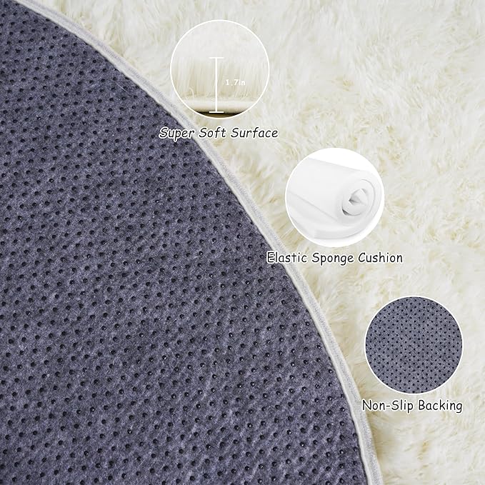 Round Fluffy Rugs 7Ft for Girls Bedroom, Cream White Shag Circle Kids Rug Non-Slip for Bedside Dorm Nursery Playroom, Soft Cute Area Rugs for Living Room Decor