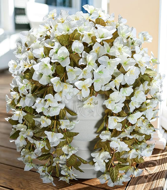 Bougainvillea Artificial Flowers Fake Plants for Outdoors Winter Decoration, 2 pcs Faux Long Trailing Vines UV Resistant Look Real White Silk Flowers for Outside Planter Front Door Porch Urn Yard Home