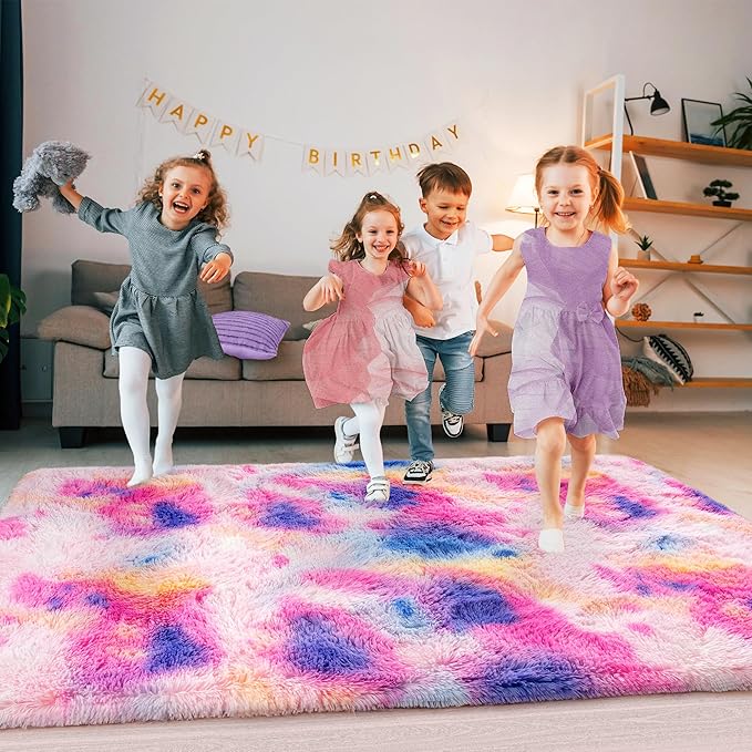 Super Fluffy Rug for Bedroom, 4x6 Shag Fuzzy Area Rug for Living Room Bedroom, Plush Soft Carpet for Girls Boys Kids, Non Slip Throw Rugs for Dorm, Modern Home Decor Aesthetic, Dark Rainbow