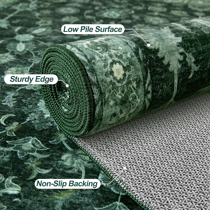 Tangsoo 8x10 Green Large Area Rug for Living Room, Non Slip Machine Washable Rug for Bedroom, Boho Distressed Vintage Floral Rugs, Soft Indoor Floor Carpet Mat for Office Nature Forest Farmhouse Decor