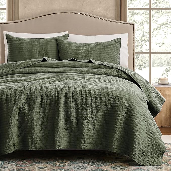 WDCOZY 100% Cotton Twin Size Quilt Set - Olive Green Striped Pick Stitch Soft Lightweight Bedspread, Textured Like Linen, Farmhouse Country Rustic Coverlet, Shabby Chic Gauze Bedding, 2 Pieces